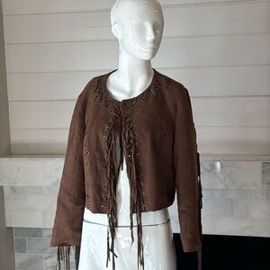 Forever 21 Faux Suede Brow Fringe Cropped Open Boho Jacket Size Large